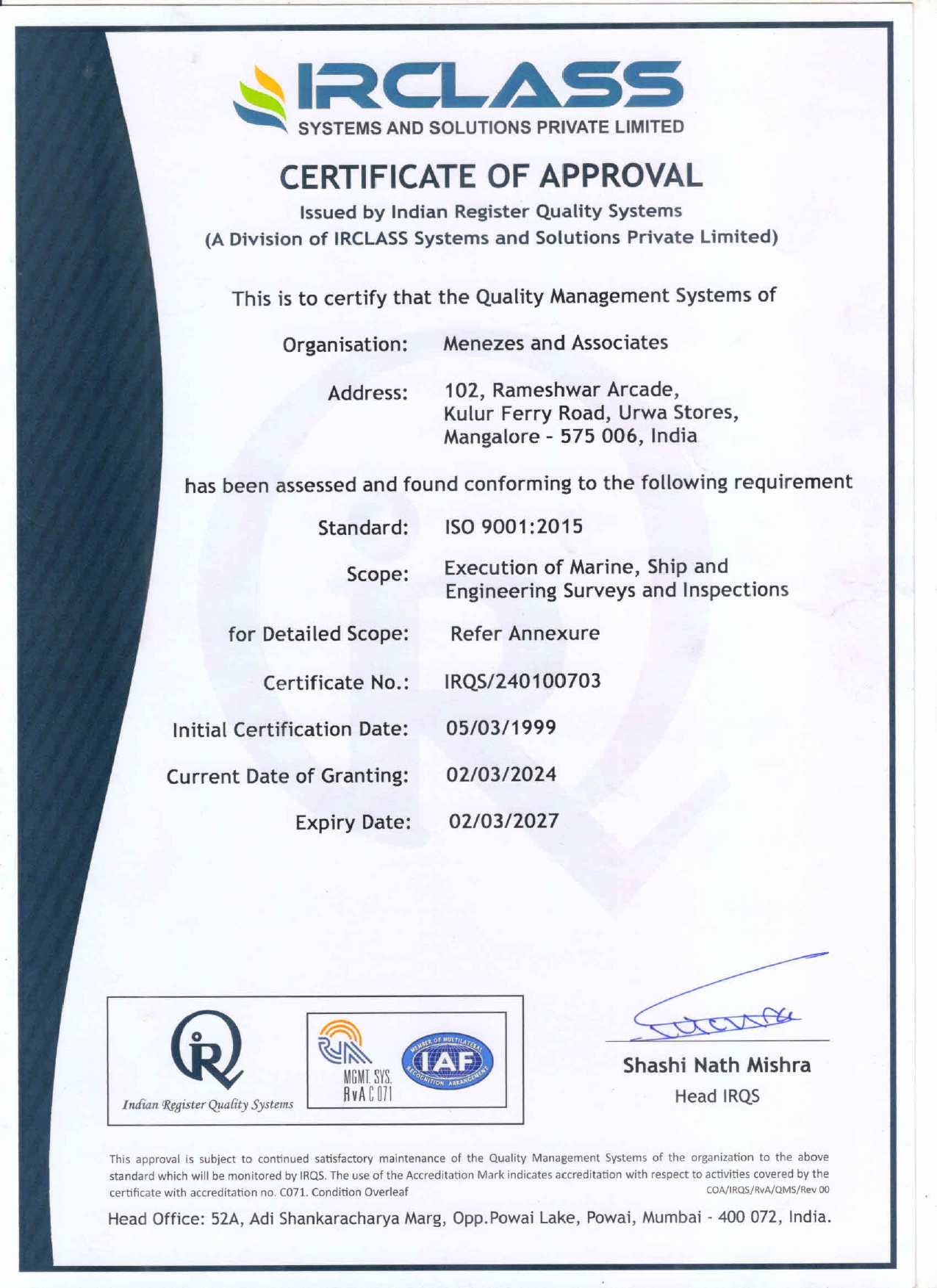 menezes-IRCLASS-certificate_01 ISO Certificate